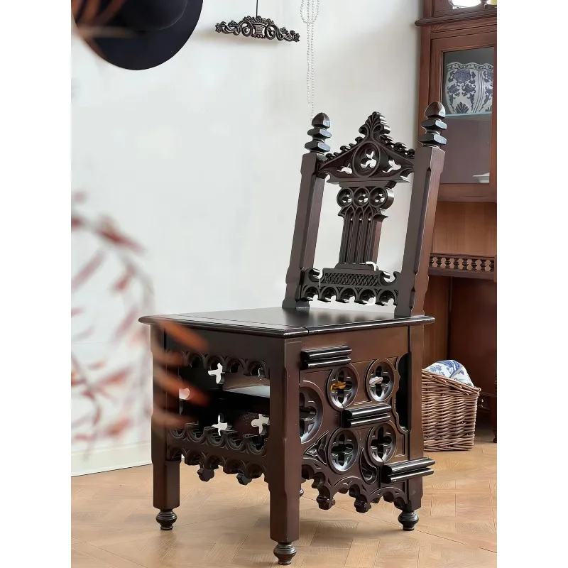 French retro solid wood carving flower chair, small household multi-functional movable step ladder, medieval dining chair