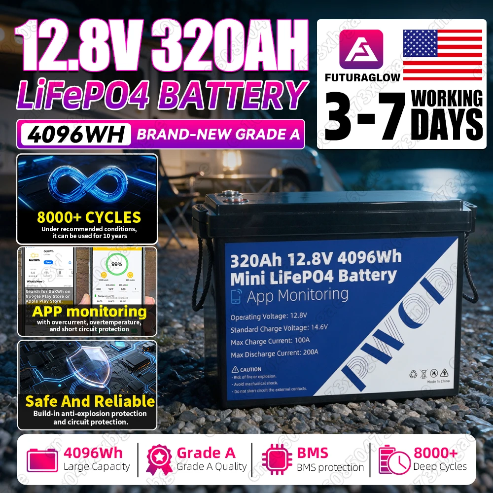 High Quality 12V 320Ah Lifepo4 Battery Pack Support Bluetooth APP Monitoring 12.8V Lithium Iron Phosphate Rechargeable Cell DIY 24V 48V For Solar Home Energy Storage System Fast Delivery