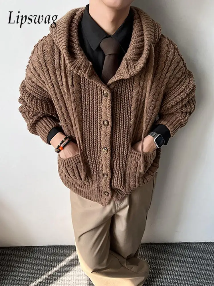 

Винтажный вязаный свитер с капюшоном, кардиганы, мужские осенне-зимние новые повседневные свитера на пуговицах, мужские стильные однотонные вязаные куртки
