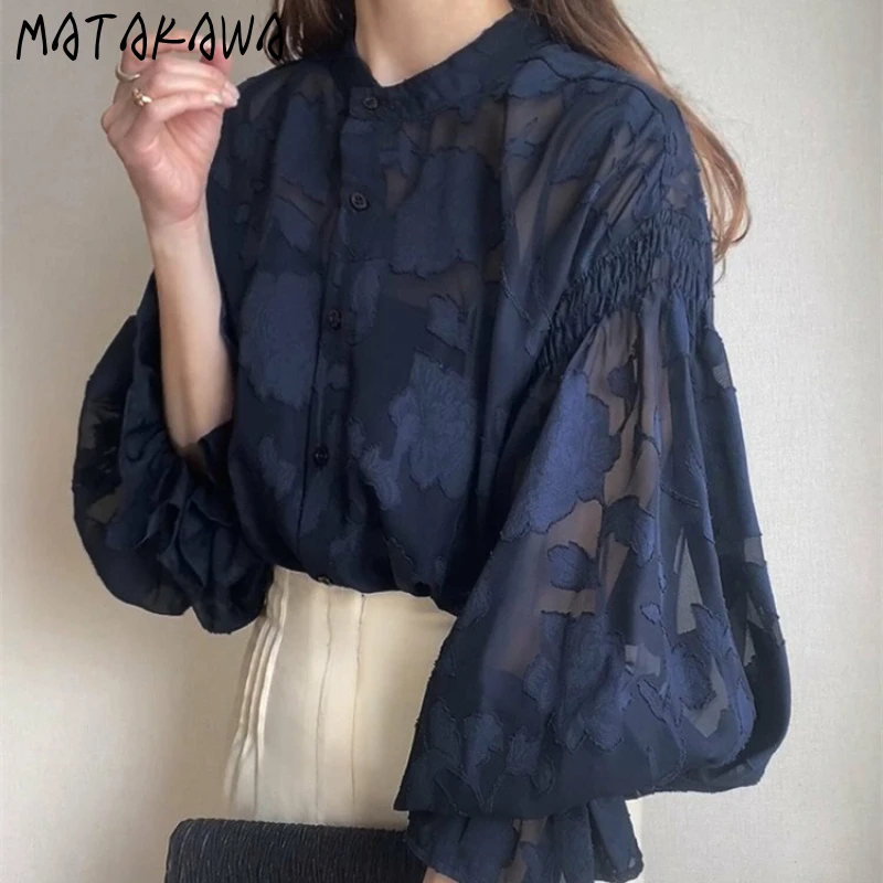 

Matakawa Lace Shirts&blouses Woman Tops Puff Sleeve Flowers Elegant Retro Blusas Mujer Korean Fashion Spring Autumn Camisas