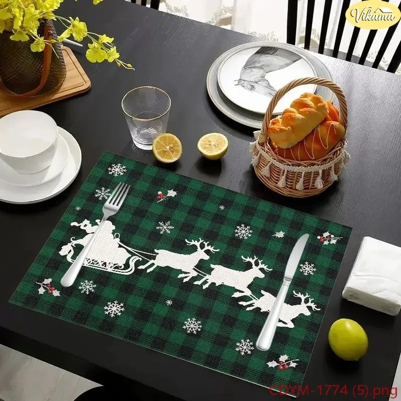 VIKAMA Christmas Placemats Green Buffalo Plaid Santa Sleigh Reindeer Snowflake Washable Dining Mat Winter Holiday Kitchen Decor