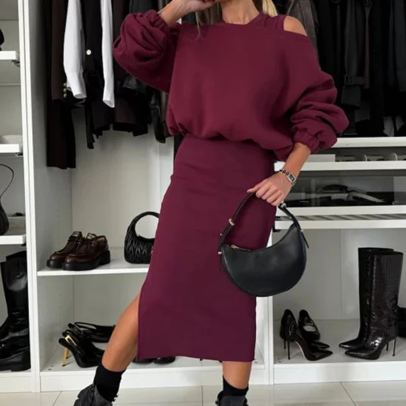 Vintage Long Sleeved Pullover and Half Skirt Two Piece Sets Autumn New Casual Women\'s Commuting Suit Elegant Solid Party Outfits