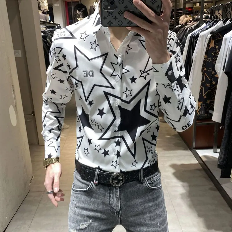 

Elegant Fashion Harajuku Slim Fit Ropa Hombre Loose Casual All Match Outerwear Pointed Collar Printed Button Long Sleeve Shirt
