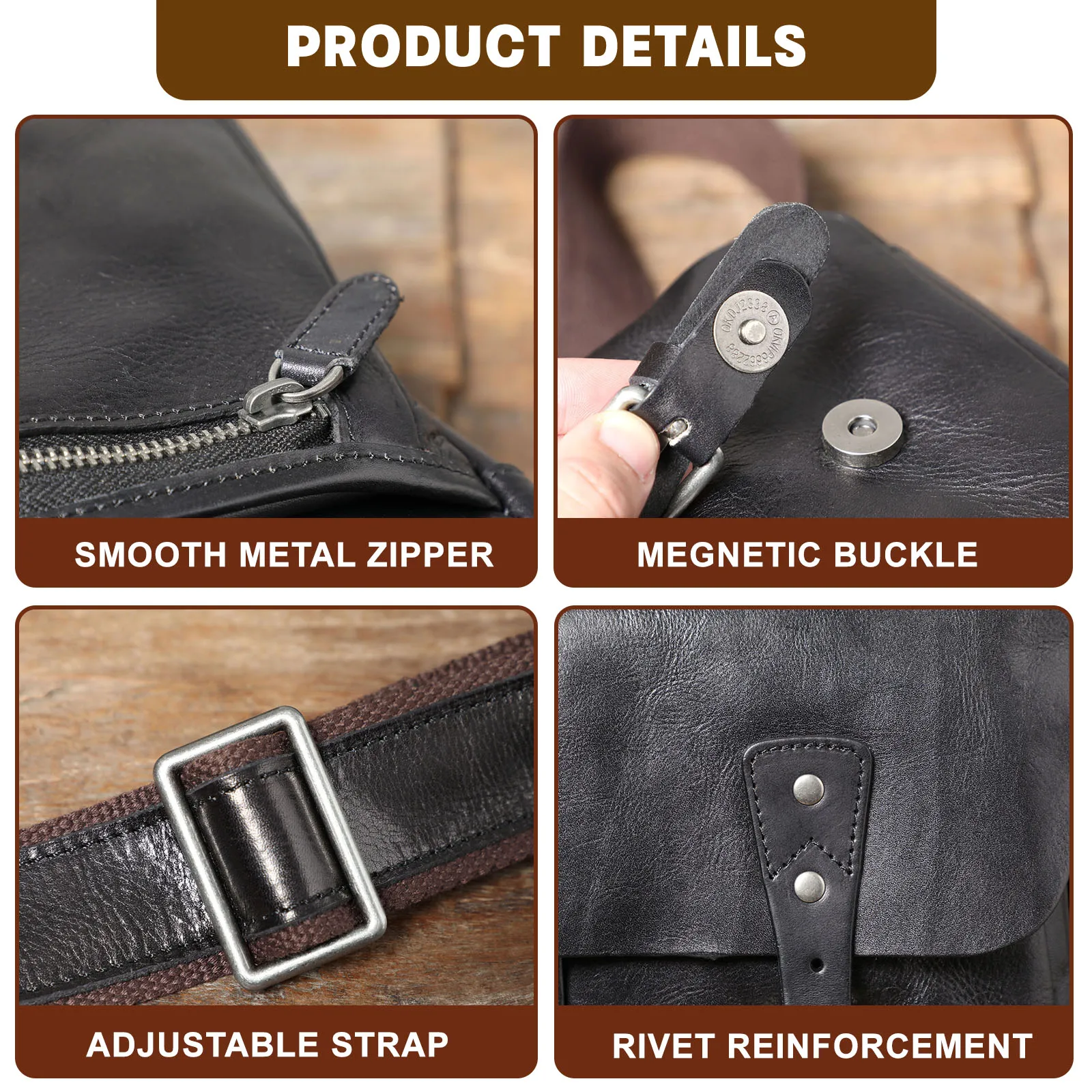 S.WORKER Echtleder Herren-Umhängetasche, Crossbody-Taschen, einfache Messenger-Taschen, Rindsledertasche, pflanzlich gegerbte Mode, lässig. – Detail 12