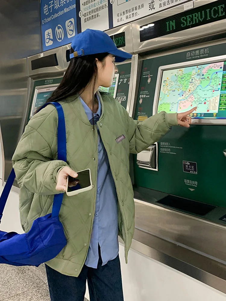 New Winter Cotton-Padded Jacket Women Fashion Designed Sense Rhombic Baseball Outwear Puffer Coat Thin Parka Coat Female Top