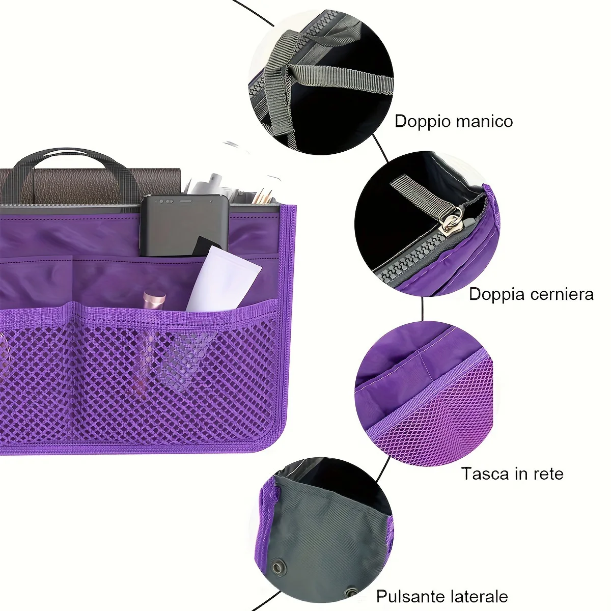 Women Cosmetic Organizer Bag Nylon Travel Insert Organizer Handbag Foldable Large Capacity Insert Bag Liner Makeup Tote