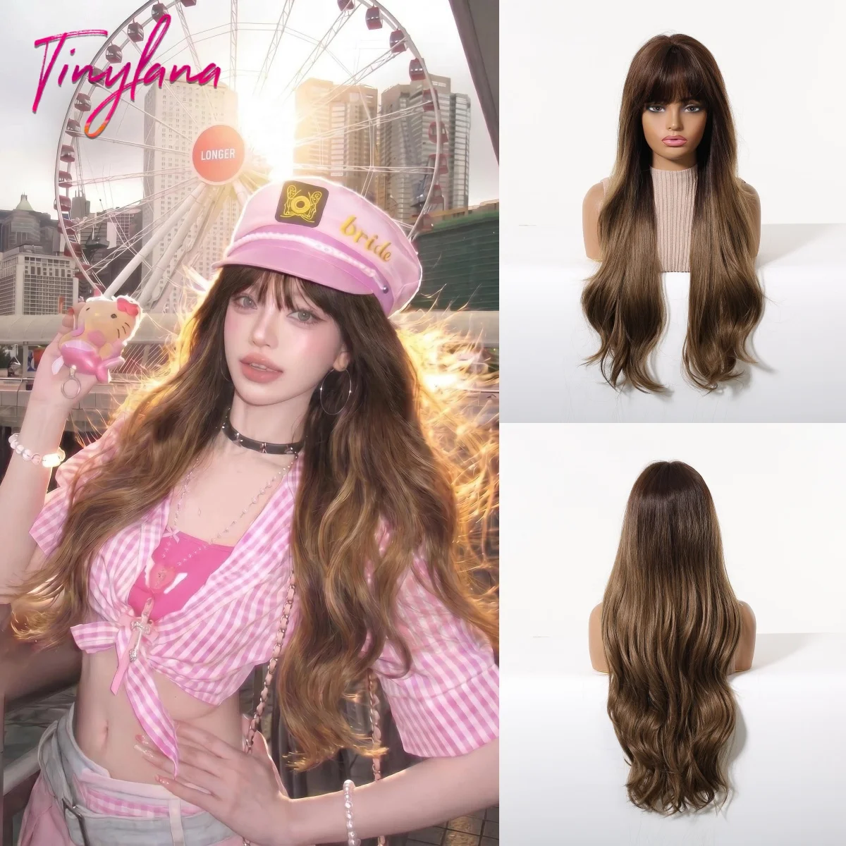 Long Wavy Brown Wig With Bangs Dark Root Ombre Brown Blonde Synthetic Heat Resistant Y2K Natural Looking Daily Wear For Women