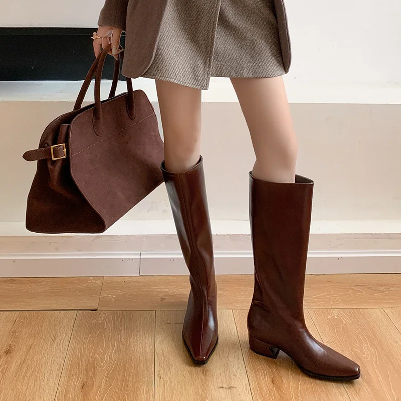 JOZHAMTA Size 34-40 Women Knee High Boots Real Leather Ins Fashion Winter Thick Mid Heels Shoes 2025 Wide Calf Office Lady Dress