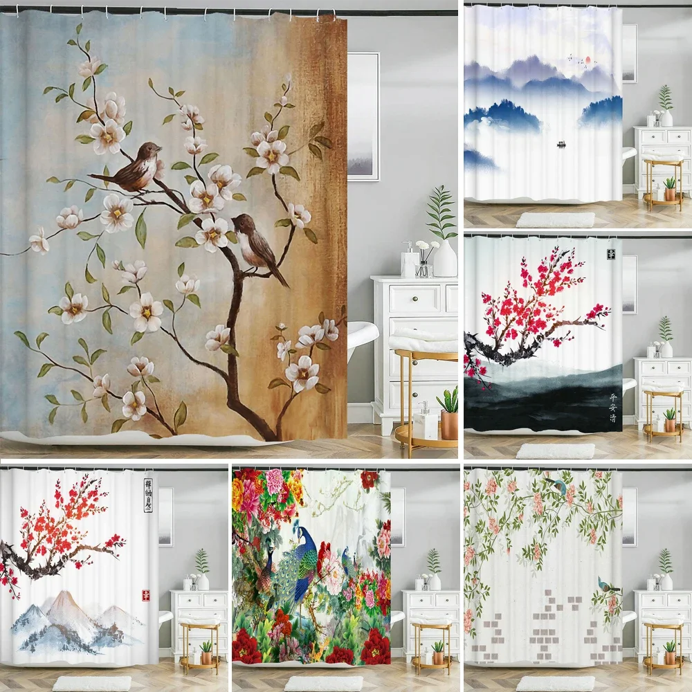 3d Printing Chinese Flower Bird Ink landscape Shower Curtain Bathroom Waterproof Bath Curtain With Hooks Washable Cloth Decor