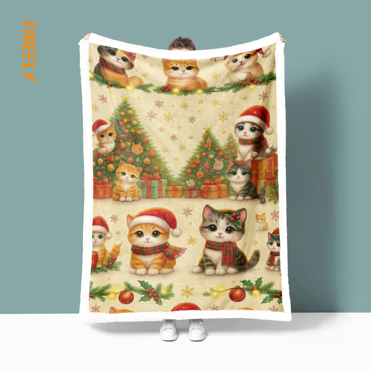 

1pc Christmas Cat Print Thick Imitation Lamb Fleece Blanket Multi Size Living Room Sofa Napping Leisure Blanket Machine Washable