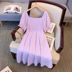 Plus-size women's summer casual French dress Purple polyester fabric front wrap design elastic bust belt lined with a party