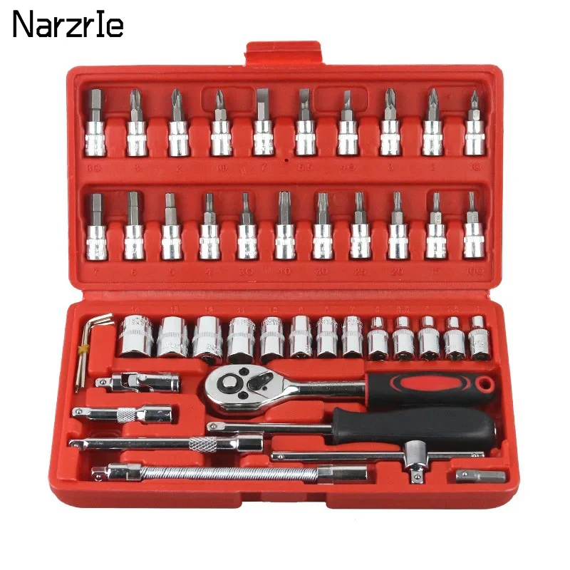 53/46 PCS Car Repair Tool Set 1/4-Inch Socket Set Car Repair Tool Ratchet Torque Wrench Combo Tools Kit Auto Repairing Tool Set