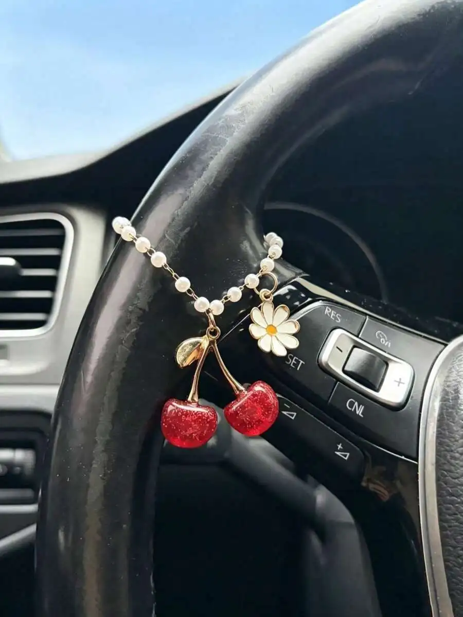 Daisy Cherry Car Steering Wheel Pendant With Pearl Chain Women Car Interior Decoration Accessory