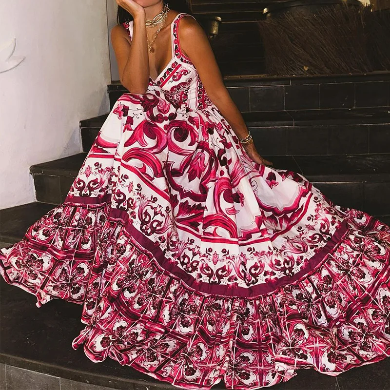 Tendência feminina bohe vestido moda impressão cintas de espaguete sem mangas sexy vestido de praia cintura controlada bainha grande maxi vestido