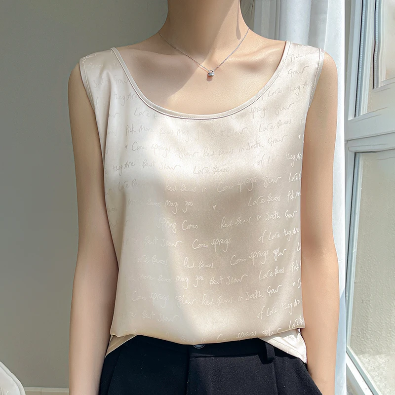 2023 Summer New Mulberry Silk Vest For Women U-Collar Broadband Solid Color Printed Comfortable Temperament Short-Sleeved Vest