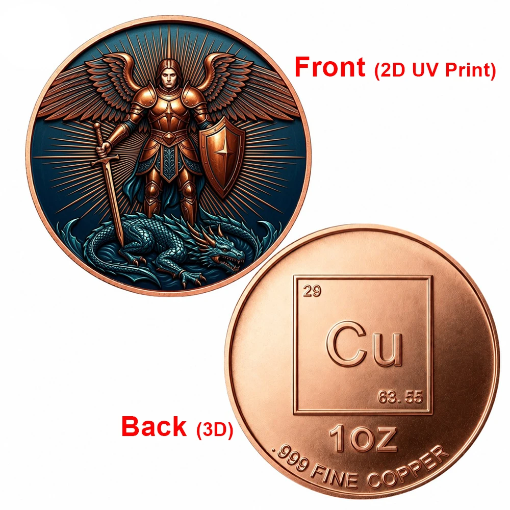 1pc 1oz .999 Fine Copper Archangel Michael Slaying Dragon Challenge Coin Angel Warrior Commemorative Medal Religious Art Gifts