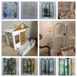 1/6 Miniature DollHouse Folding Screen Wooden Room Divider Bjd Vintage Oil Painting Printed Partition Board Furniture Accessorie