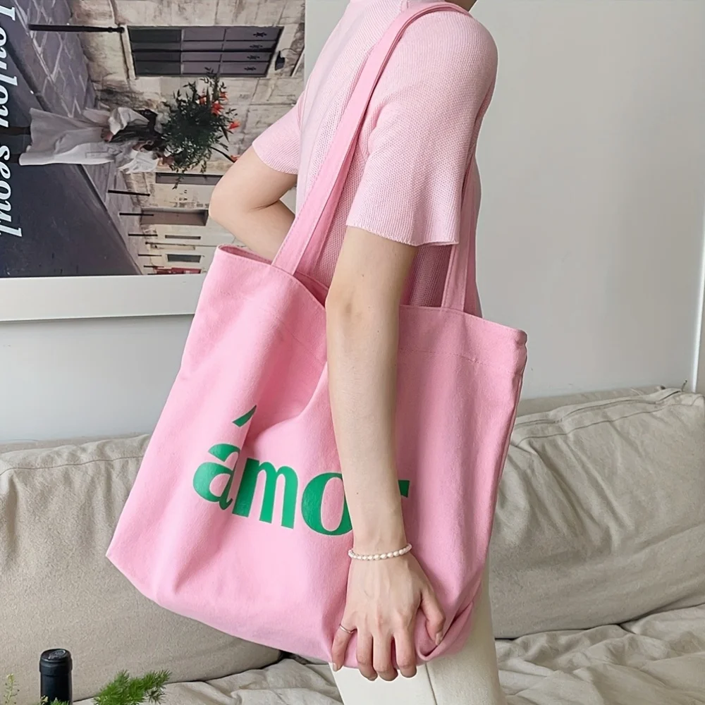 Large Capacity Canvas Shoulder Bag, Casual All-Match Tote Bag, 1 PC, Pink