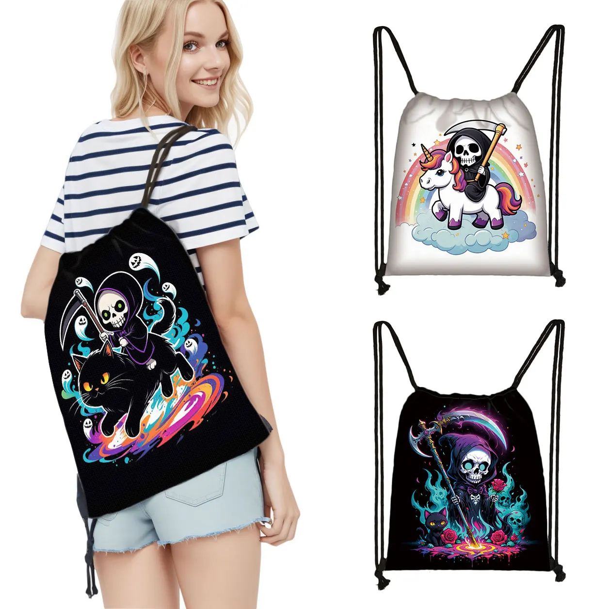 Cute Grim Reaper and Black Cat Pattern Drawstring Bag Teenager Portable Shoe Storage Bag Backpack Bookbag Shoe Holder