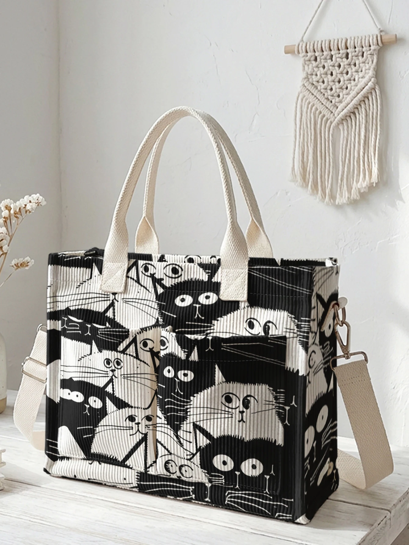 Black & White Cartoon Cats Print Corduroy Tote Bag Large Capacity Multi Pocket Cat Lover Commuter Shoulder Bag