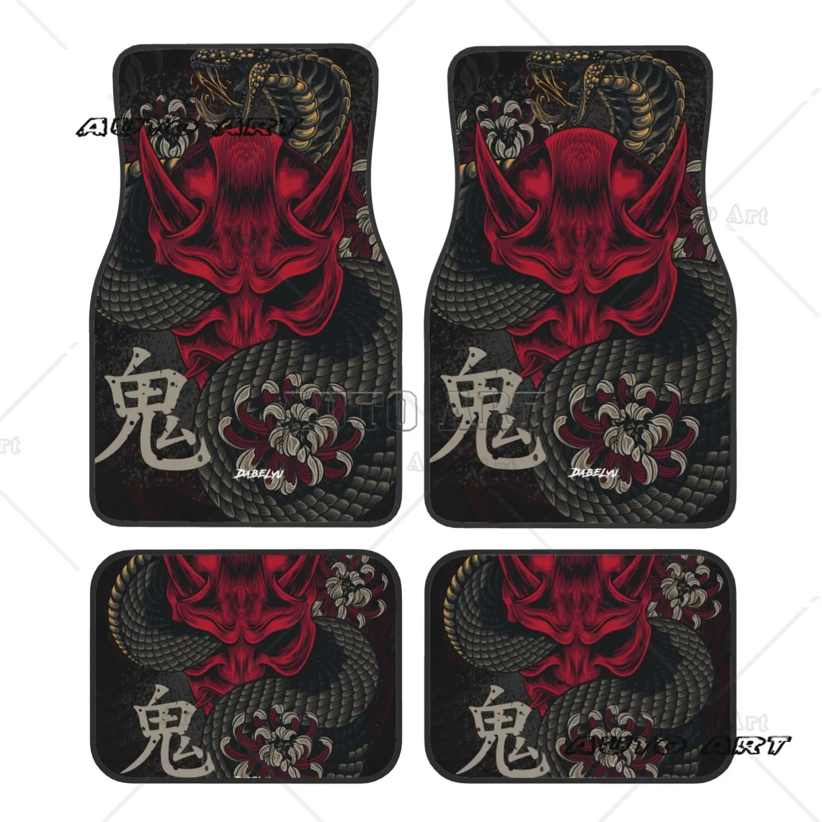 JAPANESE ART ONI MASK Snake Car Floor Mat 4-piece Set Suitable for All Car Floor Mat Accessories Crystal Velvet Floor Mats
