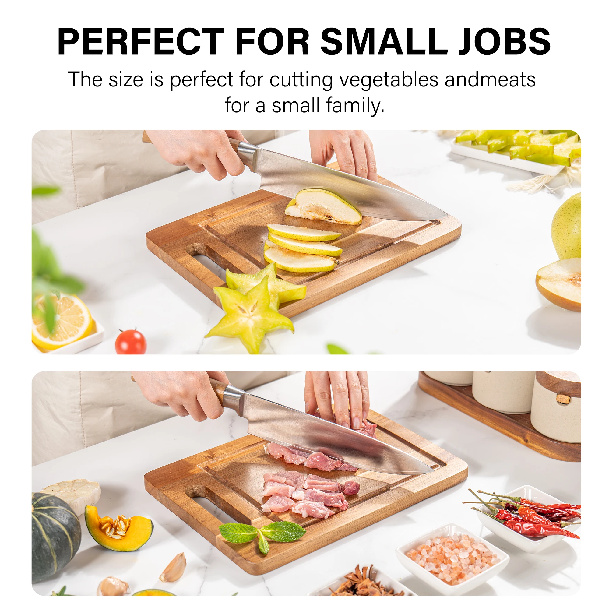 Premium Acacia Wood Cutting Board with Juice Groove Butcher Board Fruit Meat Chopping Block with Handle Food-Safe Kitchen Tools