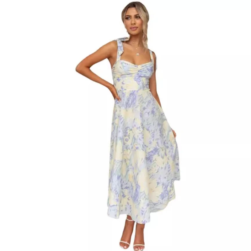 Robe longue à imprimé floral vert pour femmes, grande taille, col en V, style bohème décontracté, tenue de plage et de soirée, printemps été, 2024