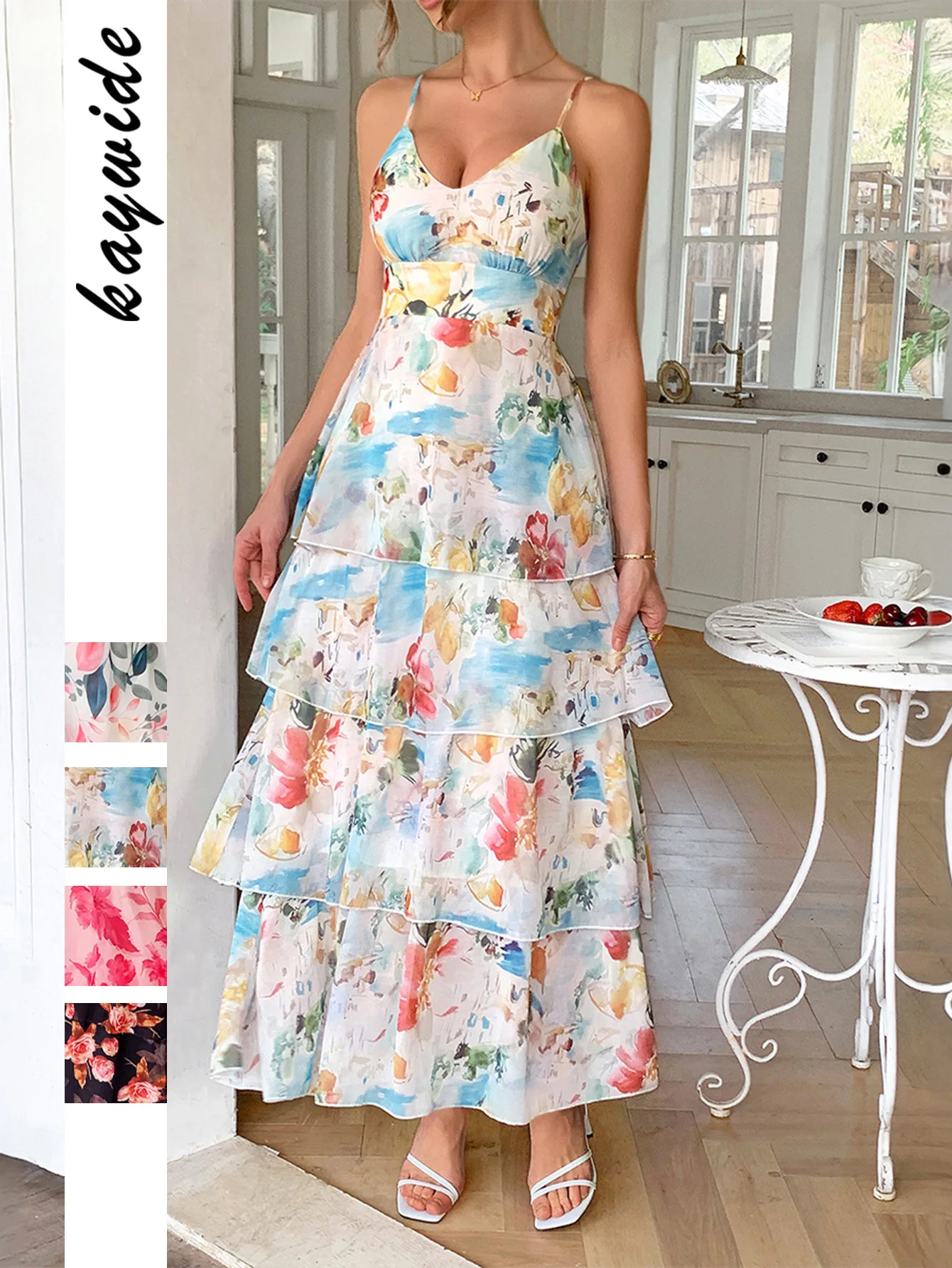 

Women's Summer Spaghetti Strap Prom Dress Tiered Ruffle Cocktail Party Gowns Chic Backless Long Dresses