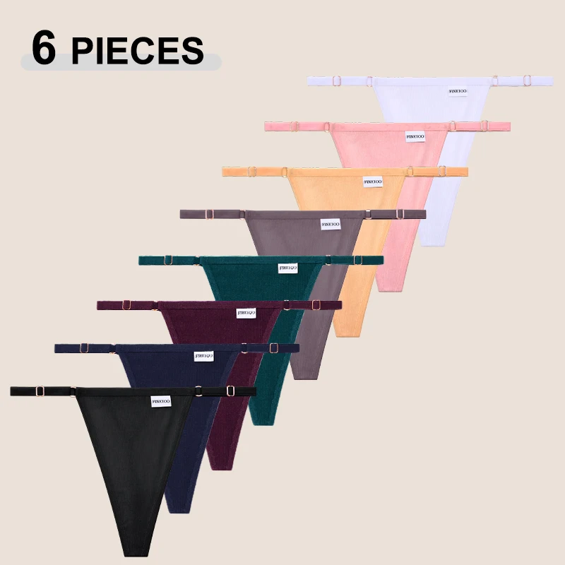 FINETOO 6Pcs/Set Seamless Cotton Crotch G-Strings T-Back For Women Sexy Low Rise Adjust-Straped Thon