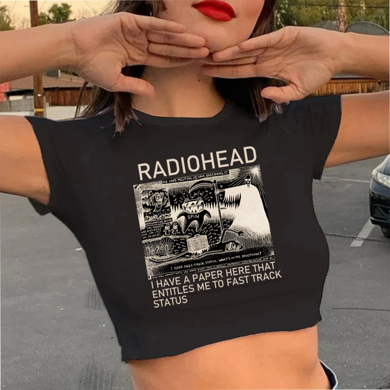 Radiohead T Shirt Crop Top Women Fashion Summer Hip Hop Tops T-shirt Unisex Rock Band Y2k Graphic Tees Female Tshirt Cropped