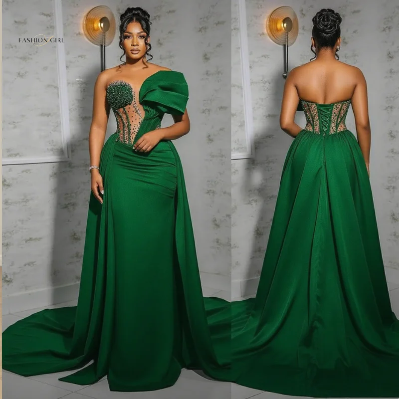 

Customized Classic Luxury Green Mermaid Ball Dress Crystal Wrinkle Sweep Train Celebration Formal Party Dress Vestido De Fiesta