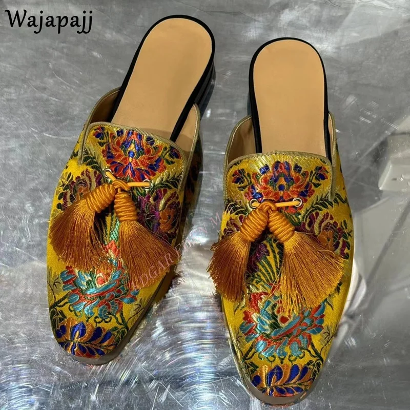 Fashion Colorful Flower Embroidery Tassel Man Summer Satin Slippers Comfortable Flat Heel Round Toe Male Outside Mules Shoes