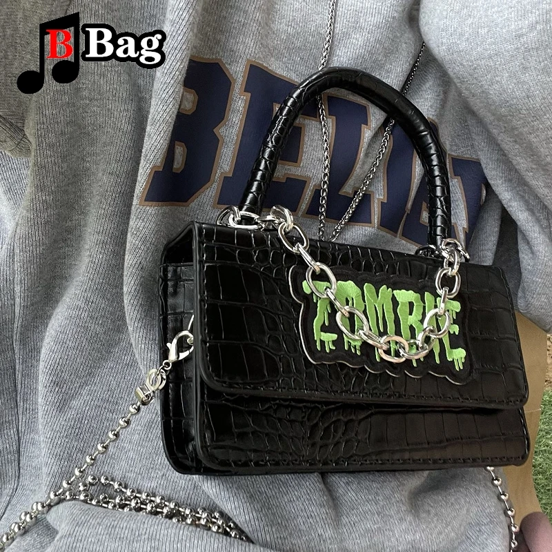 Y2K Punk Embroidered Bag Women Girls Gothic Crocodile print PU Leather Shoulder Bags Handbag Female Hip hop trend messenger bag