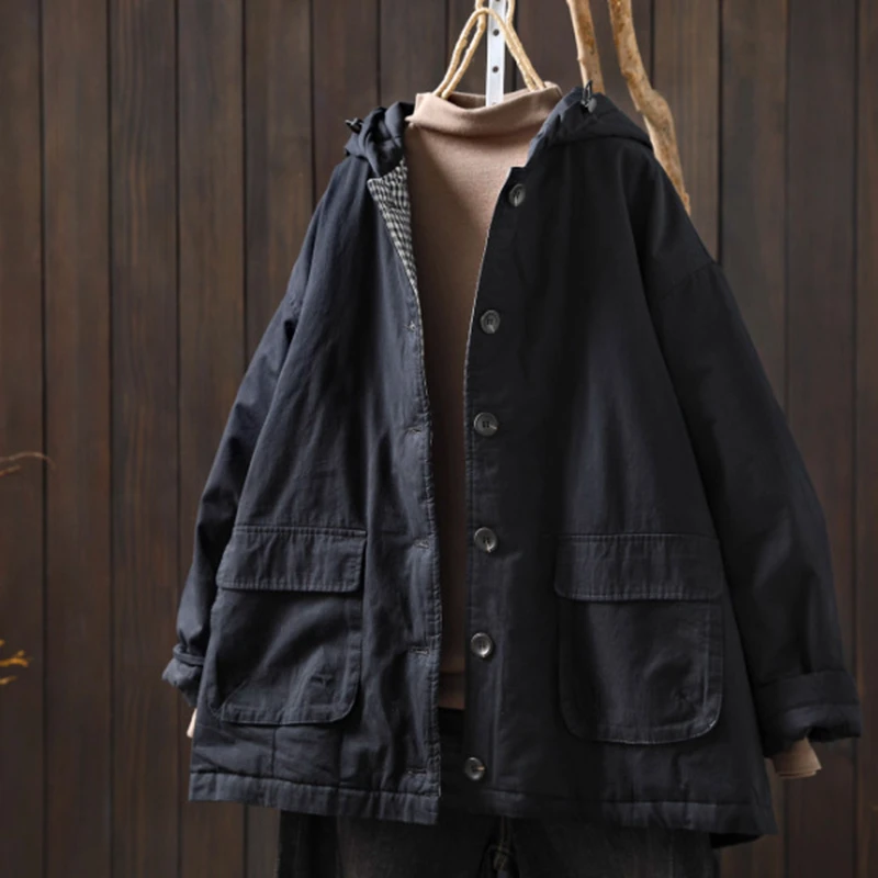 Women Casual Parkas New Arrival 2025 Winter Simple Style Double Pockets Solid Color Loose Female Thick Warm Hooded Coats M2085