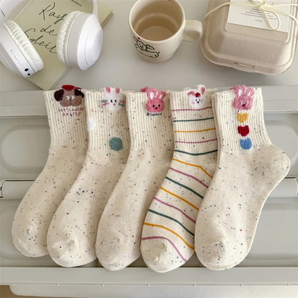 

5 Pairs/Set Rabbit Embroidered Printing Women Short Socks Cat Pattern Comfortable Low Cuff Socks Anti Slip Sweat-wicking