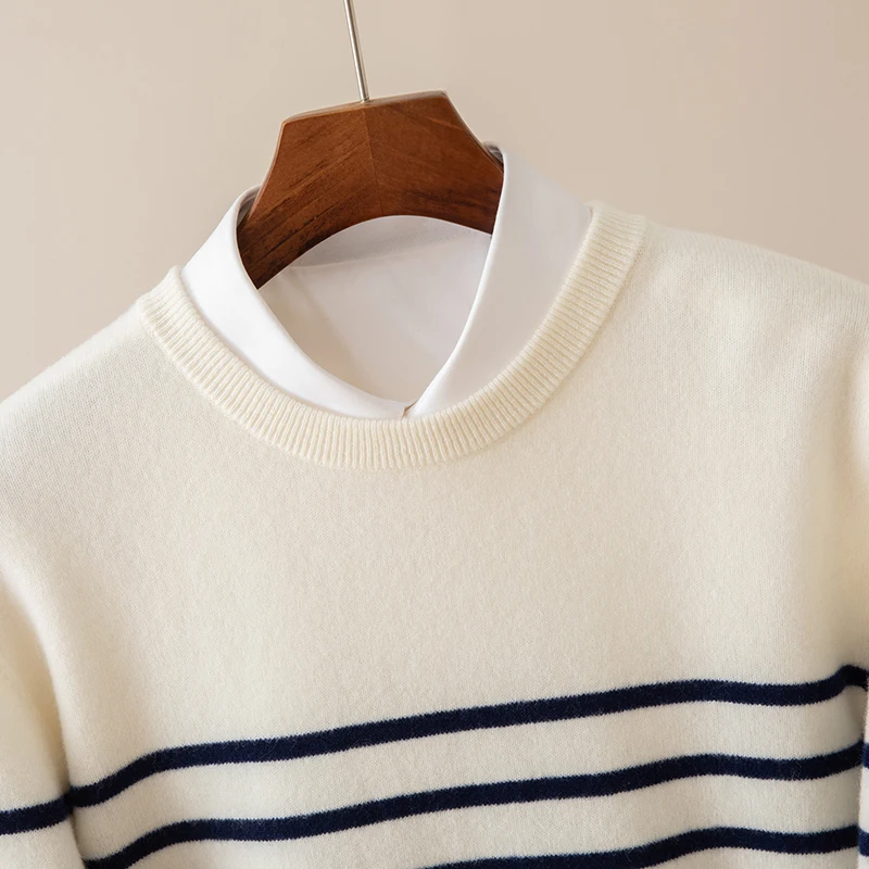 Autumn And Winter Cashmere Round Neck Men's Striped Sweater Loose Warm Pure Wool Plus Size Casual Knitting Bottoming Shirt