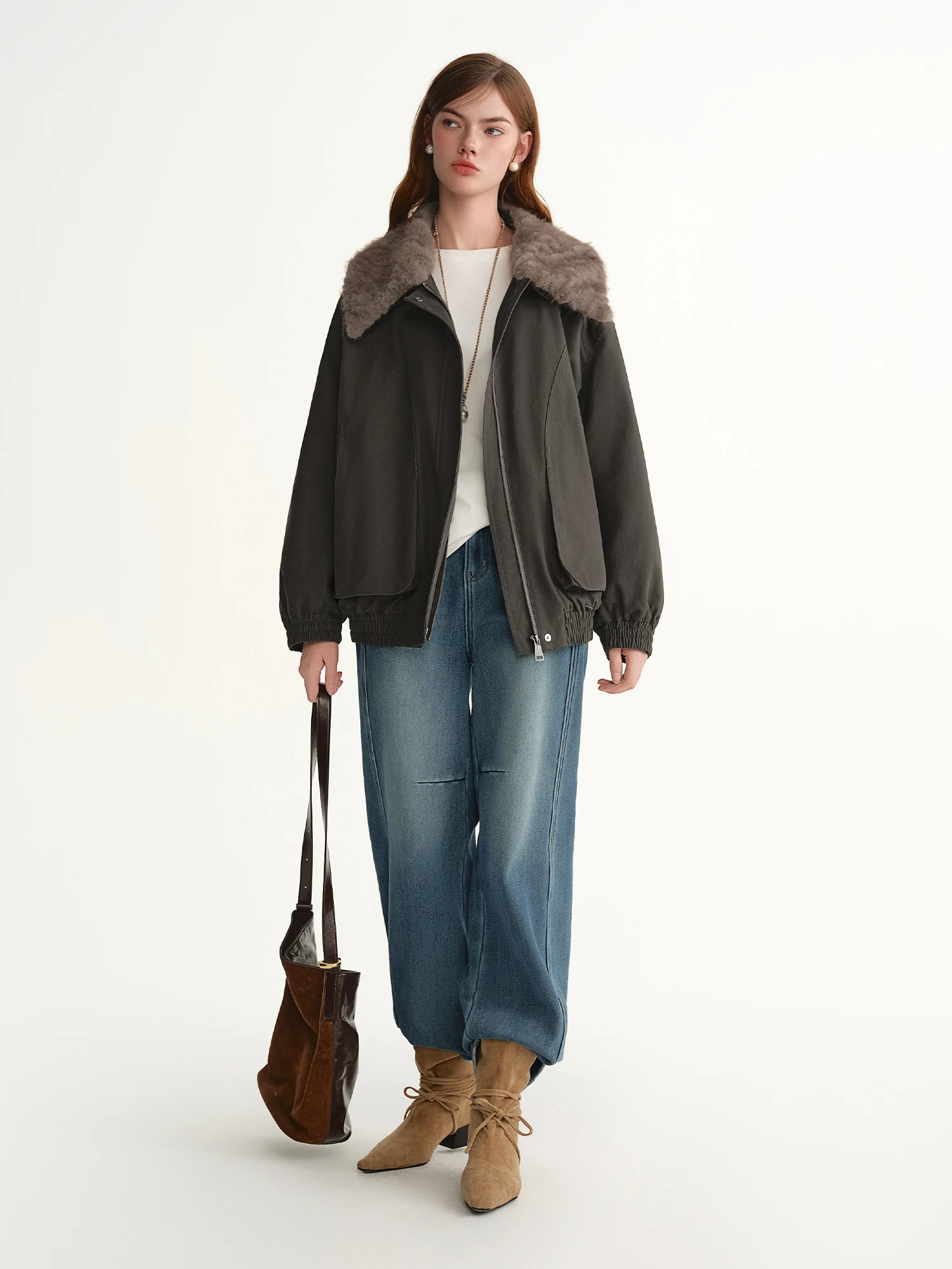 DUSHU 2025 Winter Women's Detachable Faux Fur Collar Utility Down Jacket - Warm Parka Coat with Multiple Pockets for Outdoor