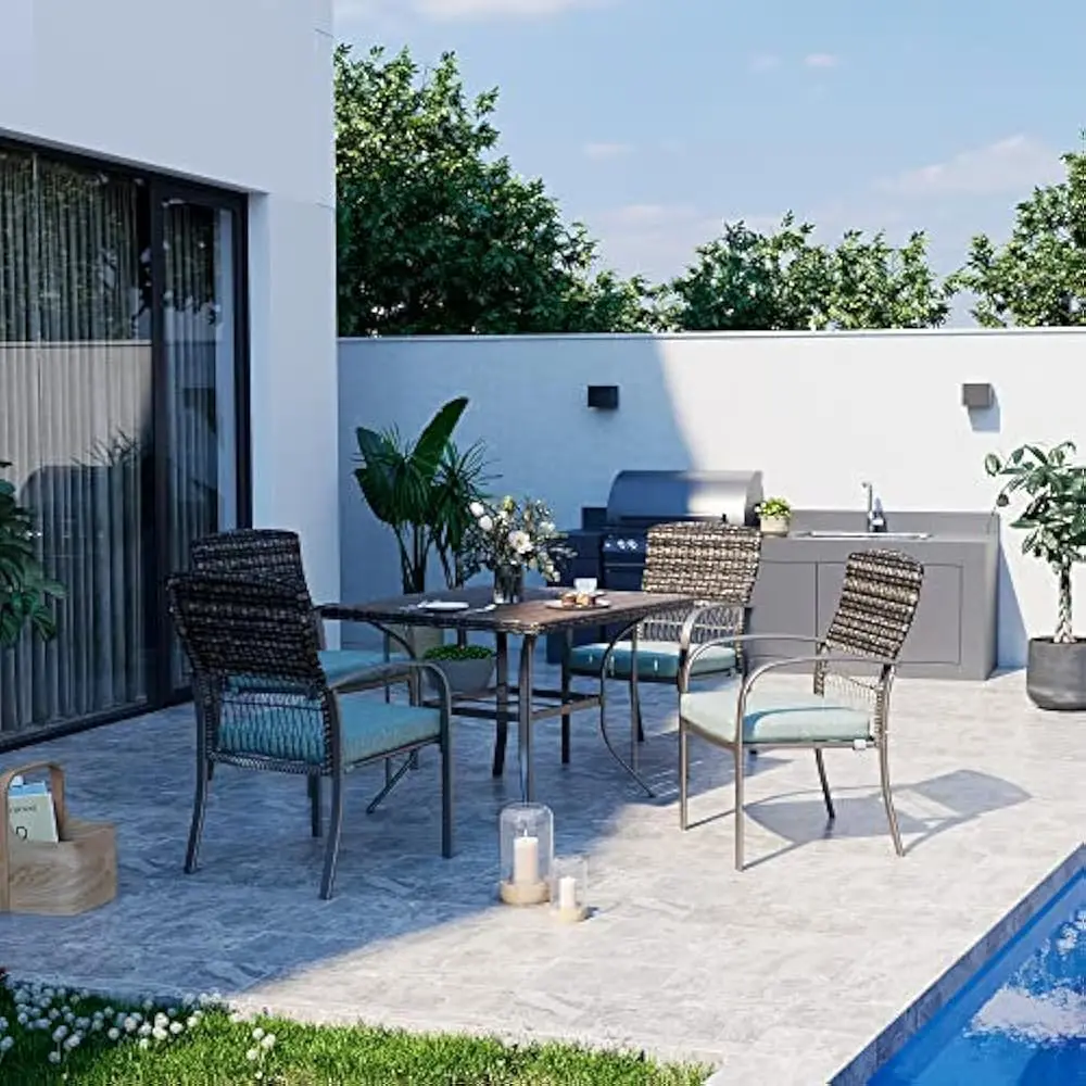

5 Piece Patio Dining Set, Green, Weather Resistant PE Rattan Table and Chairs, Comfortable Cushions, Easy Maintenance