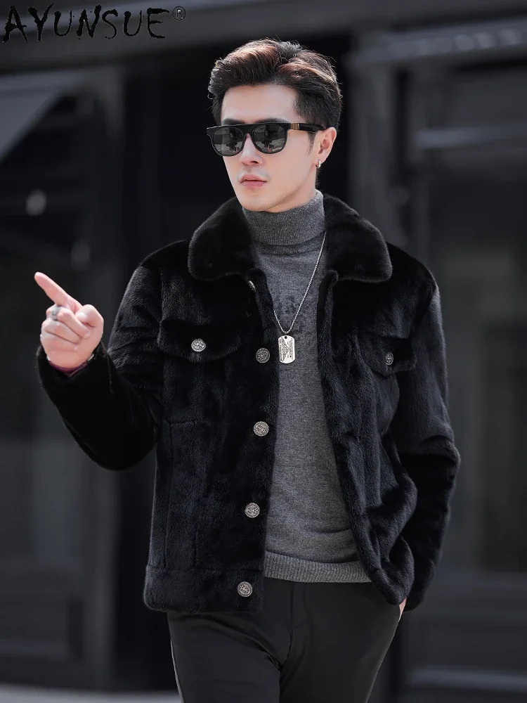 AYUNSUE Natural Fur Coat Mink Jackets for Men Clothing 2023 Fashion Single-breasted Real Mink Fur Coats Winter Outwear Jaquetas