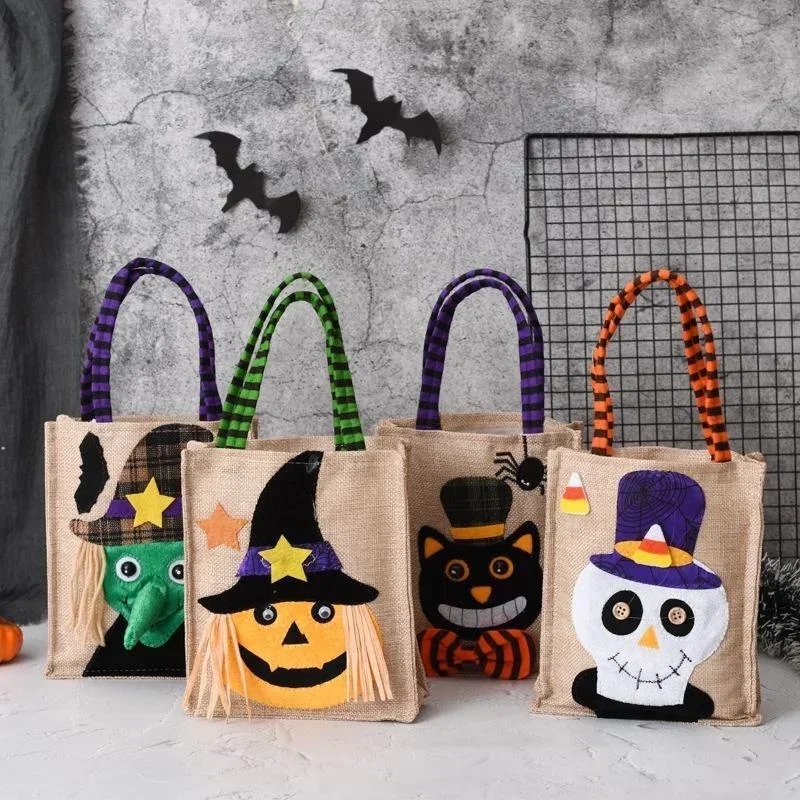 Panier à bonbons en feutre et lin, motif citrouille et fantôme d'Halloween, panier cadeau de fête, fournitures de décoration pour enfants pour la fête de la Toussaint