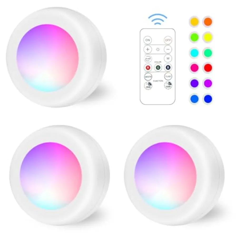 LED Puck Lights with Remote Control, 16 Color Changeable Under Cabinet Lights with Control and Timing, Battery Operated Wireles