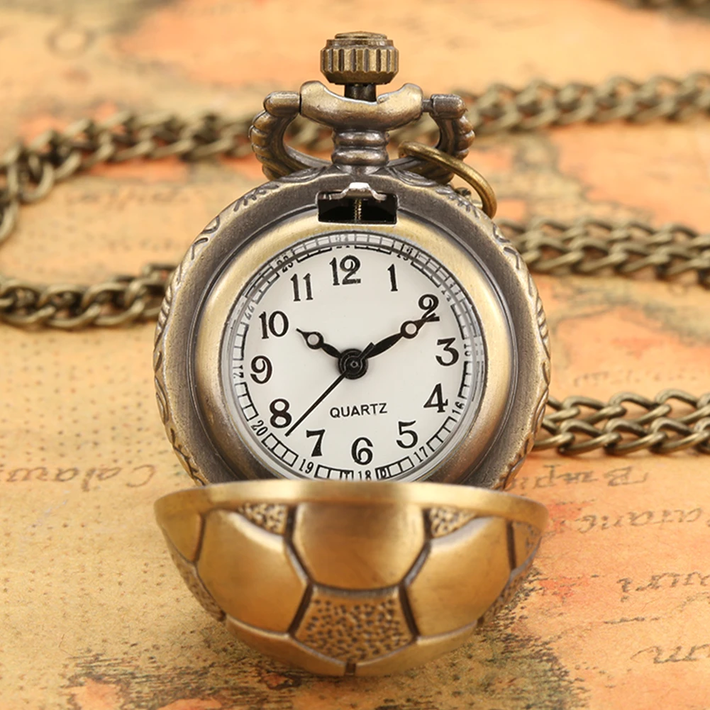 Little Cute Lovely Bronze Ball Shape Quartz Pocket Watch Alloy Necklace Pendant Chain Watch Best Jewelry Gift for Men Women Kids