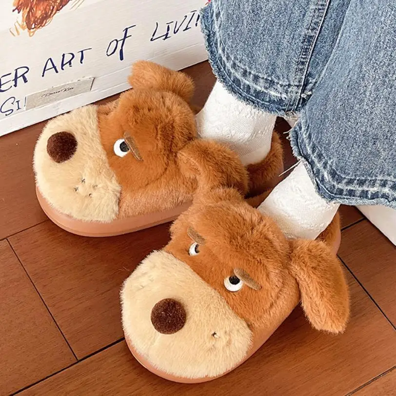 

Indoor Fluffy Slippers For Women Winter Platform Shoes Cute Cartoon Dog Warm Plush Anti-slip Girls Home Floor Cotton Slides