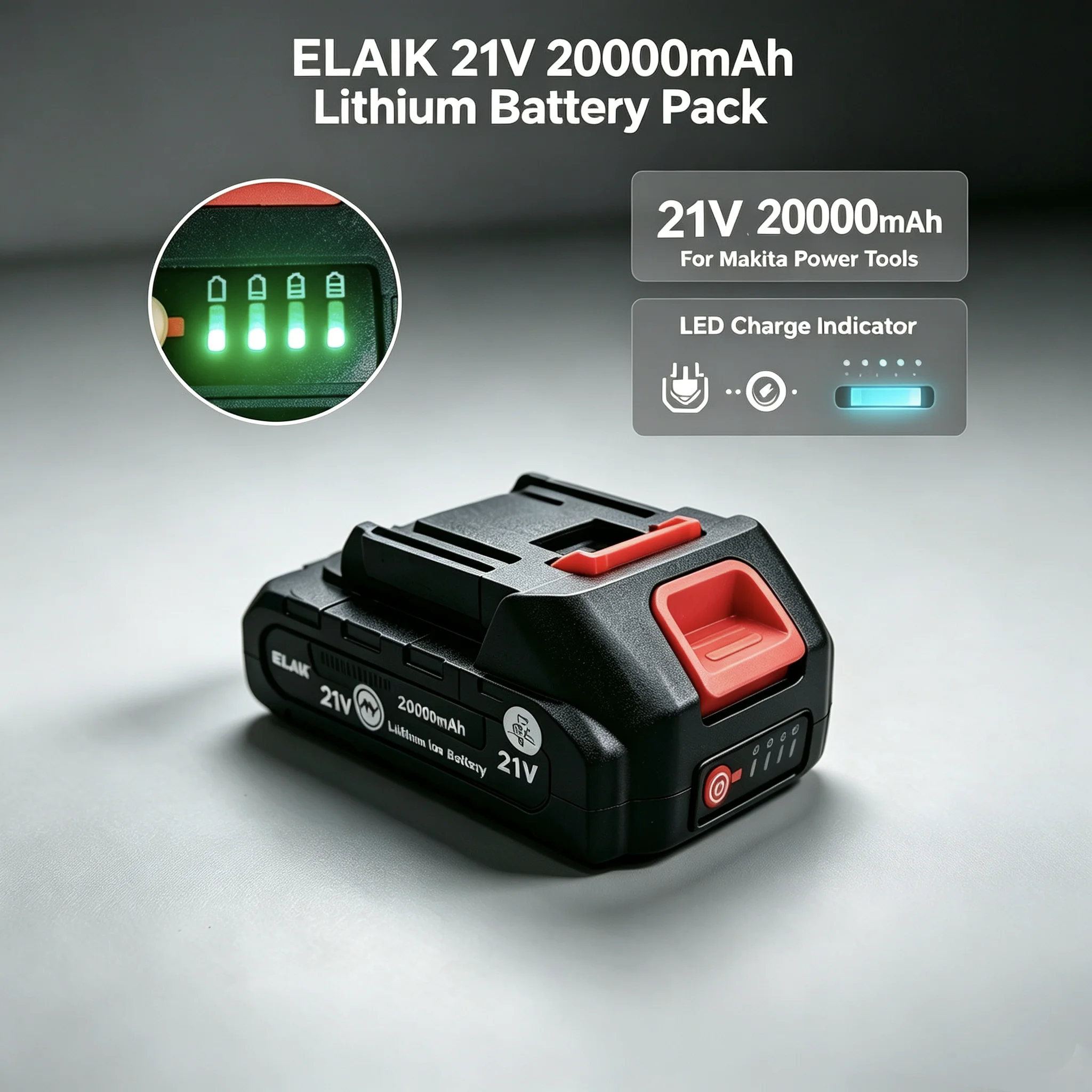 21V 2000mAh High Capacity Rechargeable Lithium Ion Battery With LED Charging Indicator For Cordless Electric Power Tools