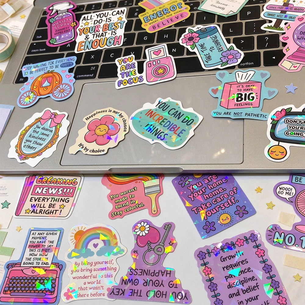 50PCS Holographic Shiny Stickers-Positive Motivational Word Glitter Stickers Suitable for Laptop Decoration E-Reader Accessories