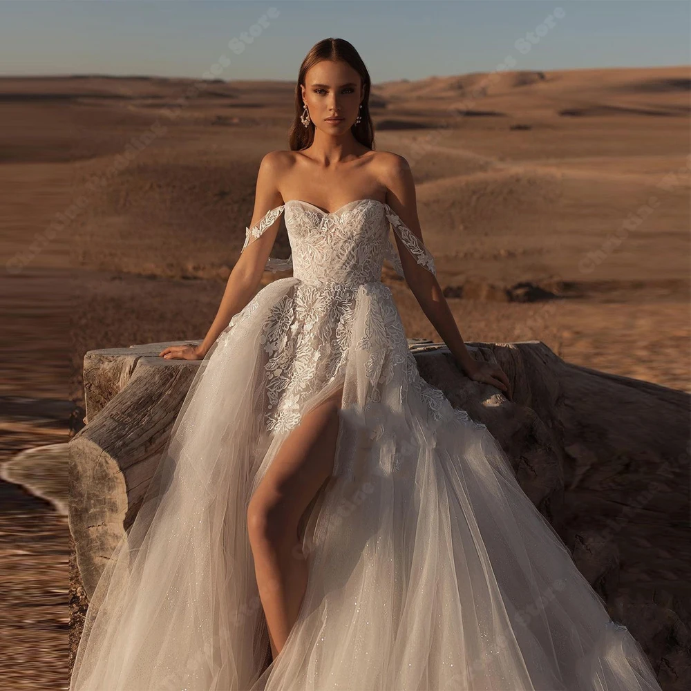 Vestidos femininos sexy de tule brilhante, bonitos apliques de renda, vestidos de noiva linha A, sem mangas, robe de noivado, 2024