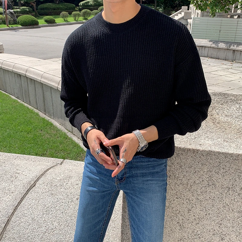 2024 Fashion Men Autumn Winter Solid Color Sweaters Tops Male Street Wear Knitted Clothes Mens O-neck Loose Pullovers I768