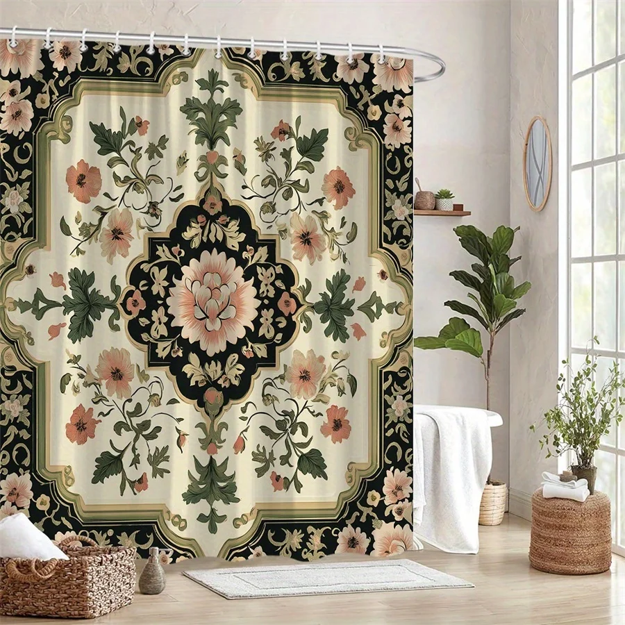 

1pc Vintage Floral Shower Curtain - Large Floral Bath Curtain with Pink, Yellow, Green Botanicals on Cream Background, Elegant B