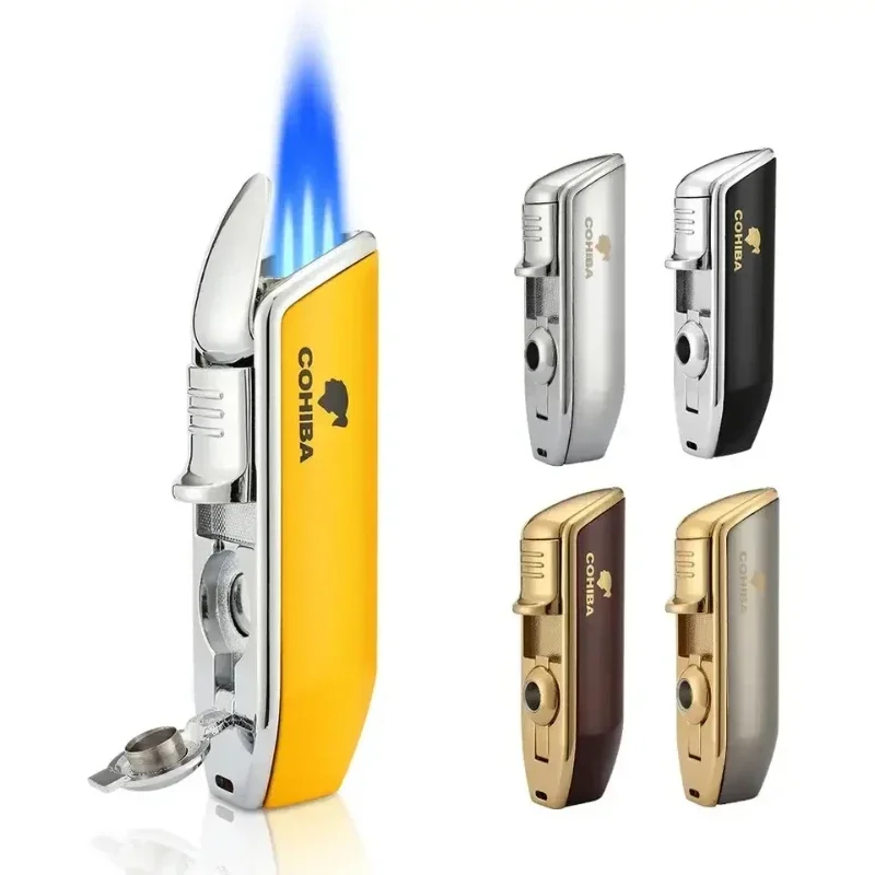 

Cohiba Windproof Mini Pocket Cigar Lighter 3 Jet Blue Flame Torch Cigarette Lighter with Punch Drill Cigar Cutter for Men's Gift