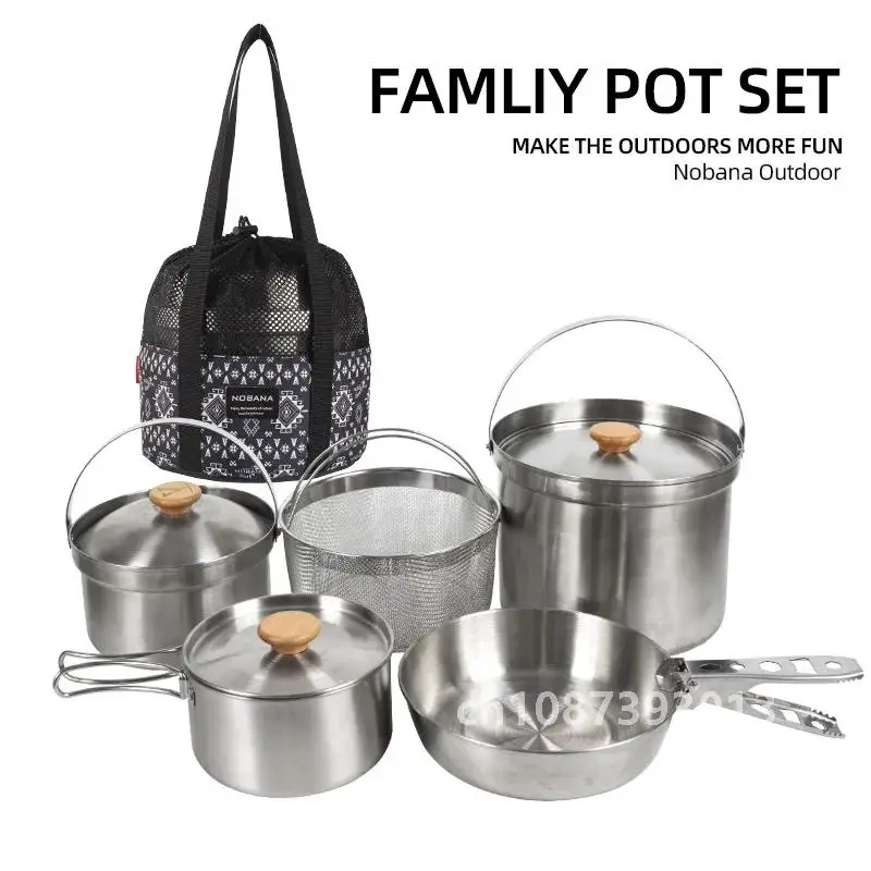 NOBANA Newest Outdoor Stainless Steel Pot Set Camping Family Pot Set 5L Portable Picnic Soup Pot Frying Steaming Household Pot